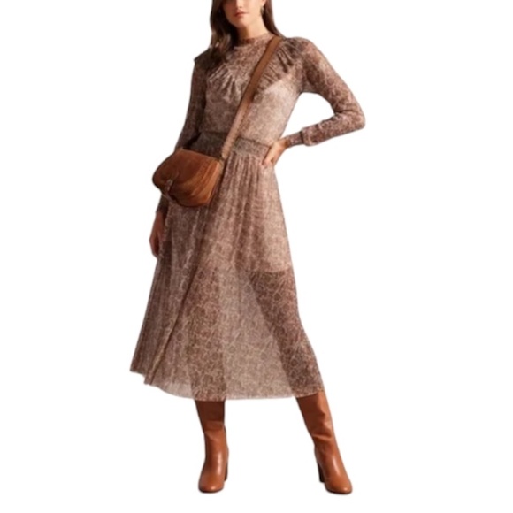 NWT Ted Baker London DEBBIX printed long sleeve sheer brown metallic dress US 6 - Picture 1 of 17